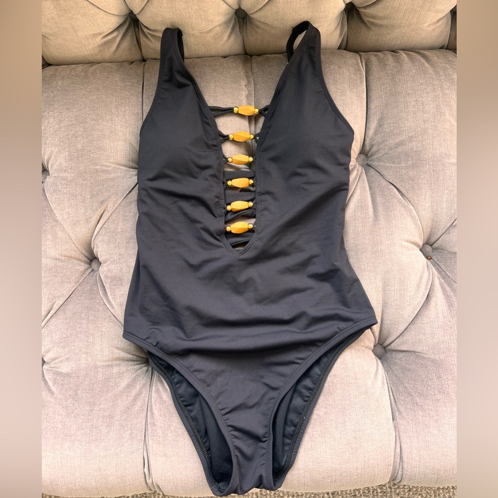 Bleu Rod Beattie Black and Gold One-Piece Swimsuit with Strappy V-Neck - Picture 3 of 7